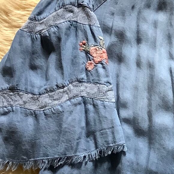 DENIM Blue HIGH-LOW EMBROIDERED LACED SLEEVES OFF-ON OPEN SHOULDER TOP﻿ - Picture 3 of 15